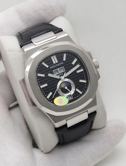 Luxury Branded Watch, Black Leather Strap (patek philippe)
